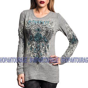 Sinful Twisted Vine S3876 Women`s New Long Sleeve Graphic Grey Top By Affliction